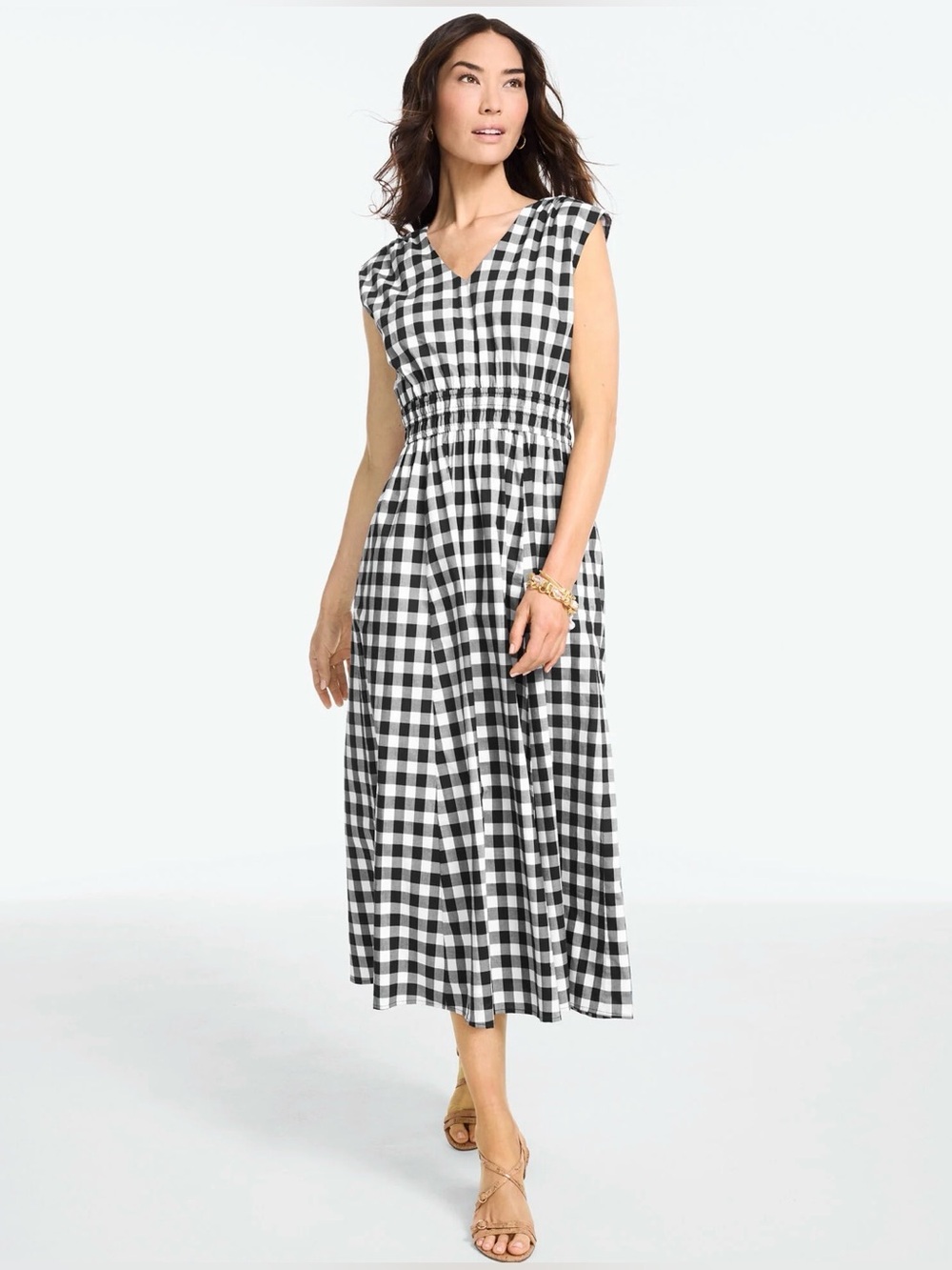 Talbots Poplin Fit & Flare Midi Dress NWT Black White Gingham Plaid